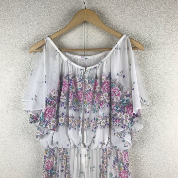 Vintage l 80s S Sheer Floral Daisy Cottagecore Flutter Sleeve Pleated Boho Dress - Picture 7 of 14